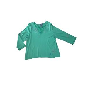 Koret Woman Green V-Neck Embroidered Beaded Long Sleeve Top Size 1X